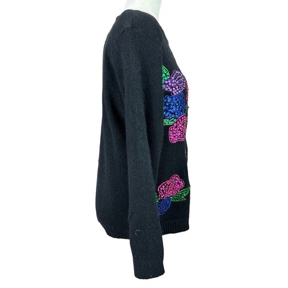 Work In Progress Sequin Sweater Med Black Floral Silk 80s Glam Holiday Vintage - Picture 10 of 12